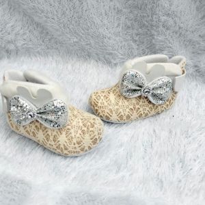 Sepatu Boots Brukat Lucu dengan Pita Glitter dan Bulu untuk Bayi Perempuan 0-12 Bulan