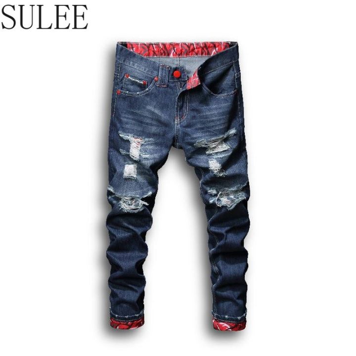 SULEE] Fashion Designer Jeans Men Straight Dark Blue Color Printed