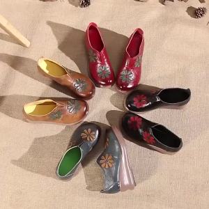 GKTINOO Women Embroider Flower Fashion Flat Increase Wedges Shoes Genuine Leather Ethnic Design Womens Shoes Ladies Loafers