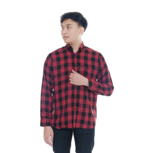 Zweckout Label Kemeja Pria Lengan Panjang Bahan Flannel Motif Kotak Kotak Slim Fit Abu