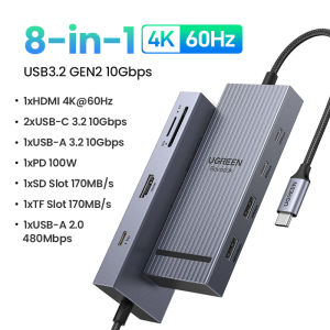 UGREEN 4K60Hz 10-IN-1 Hub USB3.2 Gen2 10Gbps USB-C Multi-function Docking Station for iPad Air M2 11" 13 2024 MacBook Pro M3 M2 M1 M4 MacBook Air M3 M2 M1 M4 Samsung S26 S25 Ultra HDMI+2xUSB-A 3.2+2xUSB-C 3.2+PD100W SD/TF Cable Length 0.2m