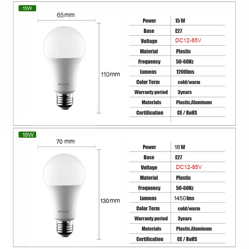 LED low voltage bulb AC DC12V 24V 36V 48V E27 3W 6W 9W 12W 15W 18W