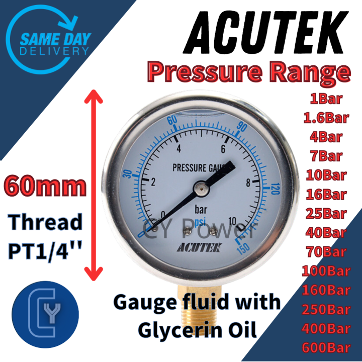 ACUTEK Pressure Gauge 1.0~600Bar Glycerin Oil Pressure Gauge 60mm(2-1/2 ...