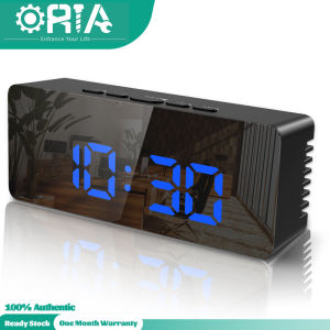 ORIA Digital Clock Mirror LED Alarm Clock 3 Modes with Temperature Adjustable Brightness Table Clock and USB Port for Charging Cellphone for Bedroom Office(Ready Stock)