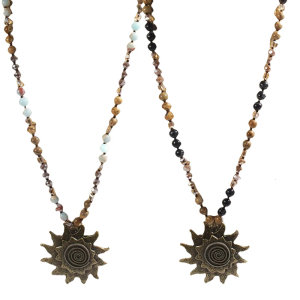 Vintage Bohemian Style Necklace Featuring 8mm Natural Stone and Glass Beads Unique Sun Pendant Neckchain for Women