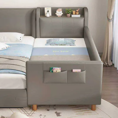 CraftedLiving SG-Baby Side Bed Attached to Bed PU Upholstered Toddler Bed with Guardrail & Storage Pocket