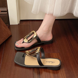 [Free Shipping] New Summer Collection: Fashionable And Versatile WomenS Square-Toe Flip-Flops With Metal Buckles Perfect For Wearing Outdoors Flat-Soled Beach Sandals