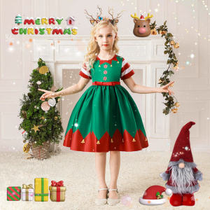 332FSMKTZ Christmas Girls Dress Kids Clothing New Years Green Christmas Theme Print Princess Dresses 3-10Yrs