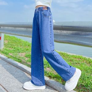 MEMAXK กางเกงยีนส์ผู้หญิง กางเกงขากว้าง ฤดูใบไม้ผลิและฤดูใบไม้ร่วงใหม่ เซ็นทรัล แกรนด์ โต้ง กางเกงขายาวหลวม กางเกงลำลองสำหรับเด็กตรง