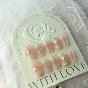 [HANDMADE]Artificial Nail Tulip Nude Pink Heart Simple Gradient Hand-Painted Nails Reusable and Removable Nails