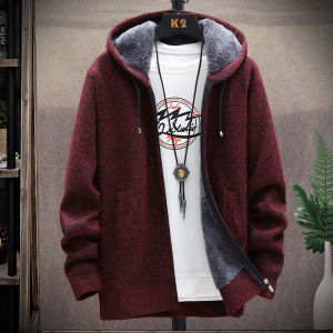 Autumn Winter Mens Sweaters Hooded Knit Cardigan Korean Sweaters Jacket Fleece Lined Hoodies Windbreaker Coat