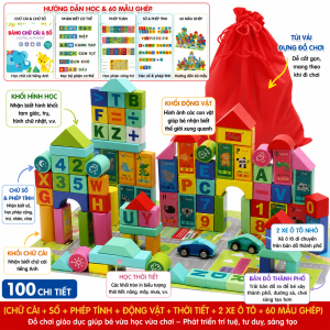 Bộ Túi Xếp Hình Gỗ Montessori 50 và 100 Chi Tiết Gồm Các Khối Gỗ Nhiều Màu Sắc Kết Hợp Chữ Cái Số Phép Tính Động Vật