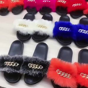 [Free Shipping] Fox Fur Slippers Versatile Faux Slip-On Flat Fur Sandals For Women Home Shoes With Anti-Slip Toe Clips