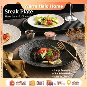 Nordic Textured Ceramic Steak Plate Stackable Food Grade Serving Plate for Steak Pasta Salad Pizza 25cm