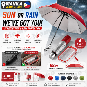 MOMO Portable Folding Umbrella Compact Travel Umbrella Lightweight 3 Fold UV Protection Rain Protection Silver Coating Easy Carry for Handbag Backpack Office School Car with Free PVC Storage Pouch Manila Stock