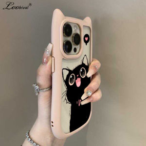 Cartoon Cute Cat Ear Love Heart Case for iPhone 16 15 Pro Max 14 Plus 13 12 11 Black Cat Transparent Shockproof Clear Slim Cover