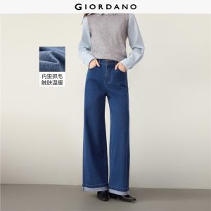 Giordano Beau Monde Women Fleece-lined cuffed hem mid rise denim pants Free Shipping 13416710