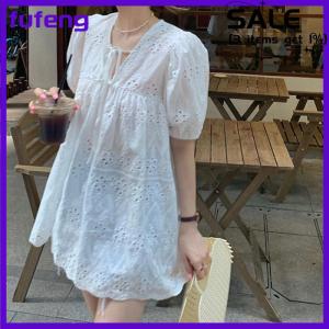 fufeng Áo cánh phụ nữ Hollow Out Puff tay áo tất cả các trận đấu ăn mặc ren v-cổ mỏng mùa hè lỏng lẻo thời trang rắn đơn giản giản thường ngày nữ thoáng khí ấm cúng Ins Mini Dress