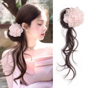 HUNIU Synthetic Hair Flower Bun Head Wig Pink Claw Clip False Hair Pieces Fashion Hair Extensions Messy Curly Chignon Women