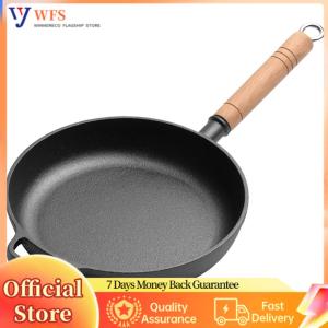 【Flagship】Cast Iron Portable Camping Outdoor Skillet with Wood Handle Nonstick Skillet Cookware 22/24/26/28cm Flat Bottomed Pan