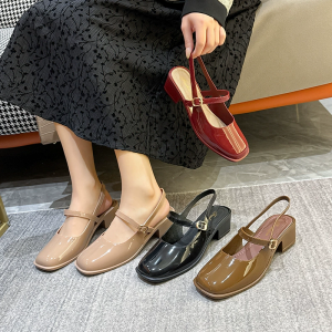 Ready Stock Malaysia Fashion Versatile Mary Jane Coarse Heel Baotou Sandals Back Empty Single Shoes