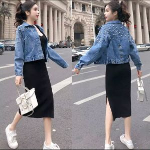 JAKET JEANS CROP KOMBINASI MUTIARA TEMBAK/JAKET JEANS WANITA/JAKET WANITA