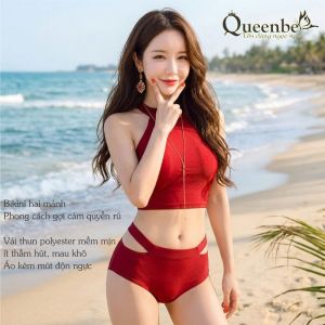 Bikini hai mảnh cổ yếm nóng bỏng Queenbe GLSWIM021 màu đỏ vải thun polyester cao cấp co giãn ít thấm hút mau khô