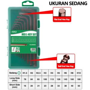 ISKU kunci L set ballpoint panjang 9 pcs 1.5 - 10 MM bahan S2 tidak berkarat kunci L set panjang