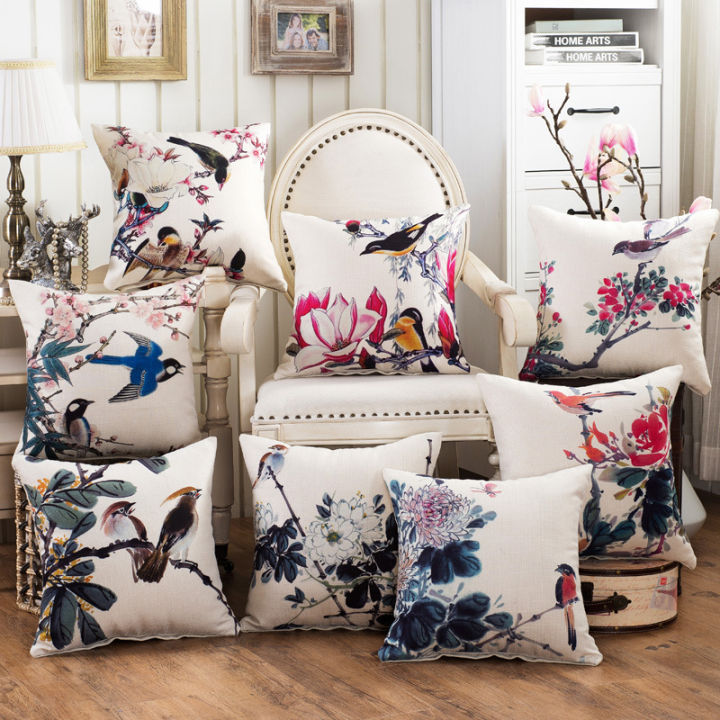 45x45cm Country Style Cotton Linen Printed Throw Pillow Case Flower Bird  Pattern Sofa Office Waist Cushion Cover Lazada PH