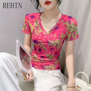 Rehin mùa hè thời trang lưới ngắn tay in Họa Tiết Áo Phông Cổ Chữ V ôm vừa S-3XL thanh lịch phong cách Hàn Quốc hợp thời trang của phụ nữ hàng đầu