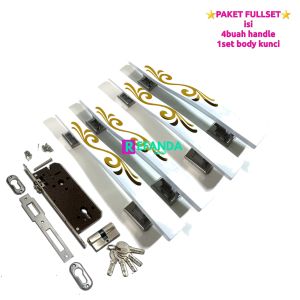 Paket fullset kunci dan gagang tarikan handle pintu rumah minimalis model kupu tarung isi 4 buah handle dan 1 set body kunci.