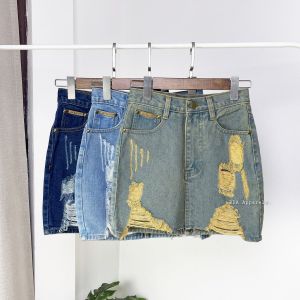 [S-6XL] กระโปรงยีนส์ สั้น เอวสูง ทรงเอ เข้ารูป แบบขาด หน้าสั้นหลังยาว ผ้าไม่ยืด 3 สี สั้นเหนือเข่า AP206
