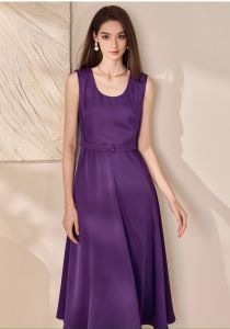Váy công sở dự tiệc dáng xòe cổ tròn màu tím mộng mơ kèm đai eo