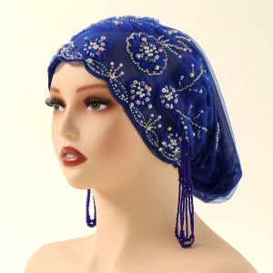 PWD0442 Shiny Beads Turban Hat Long Tassel Flower Embroidery Fishtail Cap Mesh Turban Scalloped Edge Indian Headscarf Daily Wear