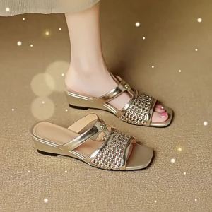[Free Shipping] 2026 New Camellia Hollow-Out Woven Wedge Sandals WomenS Summer New Style Open-Toe Casual Slippers For Outdoor Wear