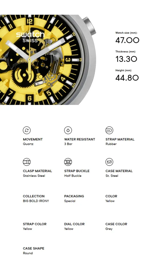 Swatch Big Bold Irony BOLDEN YELLOW SB07S109 Yellow Rubber Strap