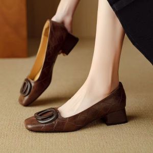 Free Shipping Retro Mid-Heel Leather Shoes For Women 2026 Autumn New Collection Square-Toe Shallow-Mouth Slip-On Style