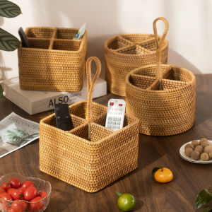 Rattan 4 Compartment Storage Box Cosmetic Organizer Cutlery and Remote Control Service Basket