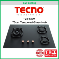 Tecno 75cm (New Color) 3 Burner Schott Glass Cooker Hob Gas Stove with Inferno Wok Burner Technology T23TGSV. 