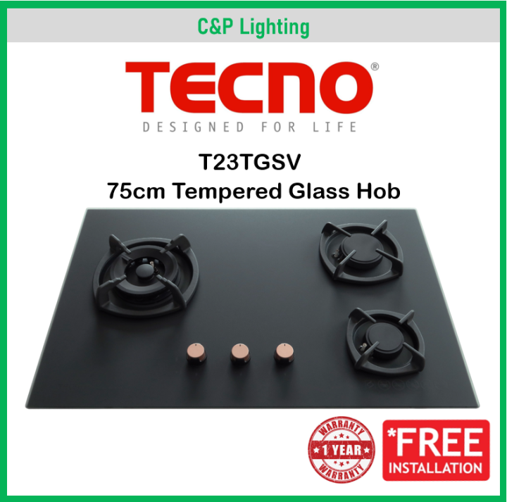 Tecno 75cm (New Color) 3 Burner Schott Glass Cooker Hob Gas Stove with Inferno Wok Burner Technology T23TGSV