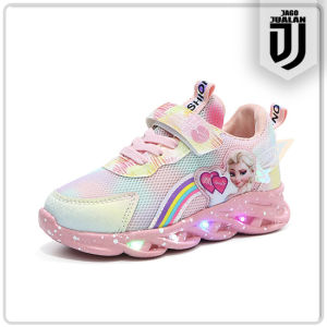 Sepatu Sneakers Lampu LED FROZEN Anak usia 1 2 3 4 5 6 tahun / Sepatu Kets Tali Perekat Anak Cewek Rainbow Elsa / Sepatu MENYALA Anak Balita Perempuan Fashion Trendy / Sepatu Baby Casual Wanita Motif Frozen Elsa / Sepatu Running Anak Fashion Lampu LED