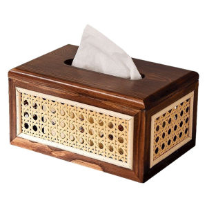 Vintage Rattan wood Tissue Box Desktop Tissue Holder Handwoven Drawing Box Style Organizer Home Decor
