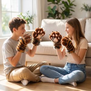 ATNV Tiger Print Beast Claw Glove Furry Stripe Plush Cat Paw Gloves Novelty Thicken Cat Claw Mittens Cosplay Props