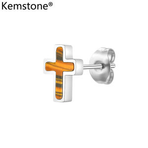 Kemstone Mens Stainless Steel Cross Stud Earrings with Natural Tiger Eye Stone for Pierced Ears