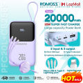 Romoss PFC20 20000mAh Powerbank 20W/22.5W QC3.0 Fast Charging with Built-in Cable 3 Output 2 Input LED Display Portable Power bank. 