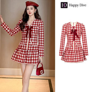 Happy Diva เดรสผู้หญิง เดรสสีแดง เดรสทรงเอ เดรสคอวี เดรสทำงาน เดรสไฮโซ เดรสวินเทจ เดรสออกงาน เดรสปาร์ตี้ ชุดราตรี 21509