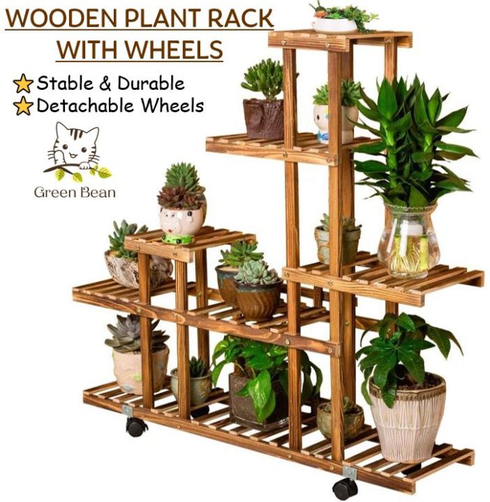 [SG SELLER]Plant Rack With Wheels Wooden Plant Rack Flower Shelf Plants ...