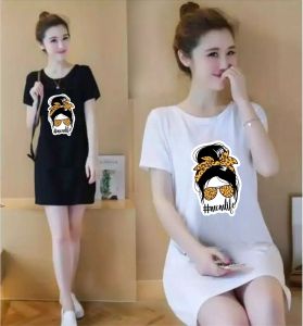 Dress Wanita Kaos Dres Gaya Korea Motif MOM LIFE Bahan Adem dan Lembut Fit To L Ld 80-90 Cm
