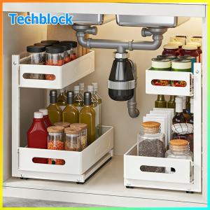Under Sink Organizer Pull Out Multi-Purpose Storage Organizer 2 Tier Slide Out Easy Installation for Bathroom & Kitchen