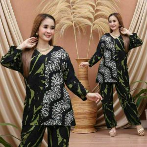setelan wanita lengan pendek celana panjang terbaru 2023 setelan busui resleting kekinian setelen animasi  emblem setelan rayon premium one set wanita viral